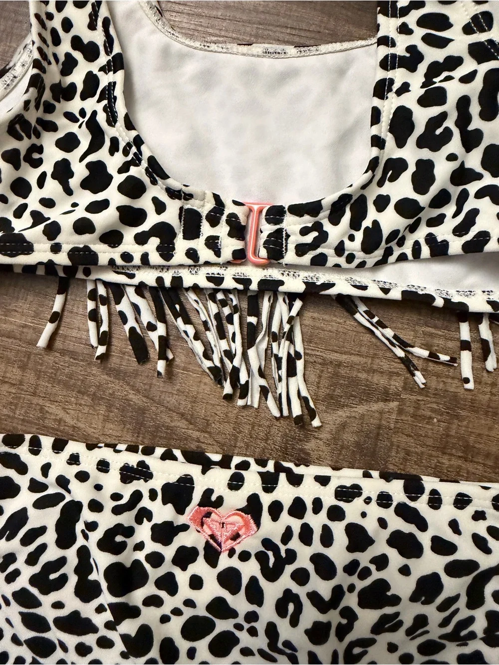 Roxy Girls Bikini Swimsuit Black White Animal Print Fringe Size 10/12